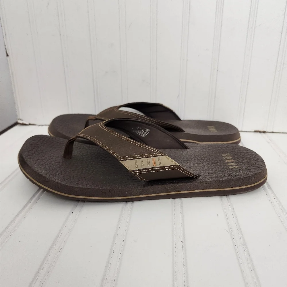 Sanuk Mens Size 11 Brown Flip Flop Thong Flat Comfort Water Friendly Sandals